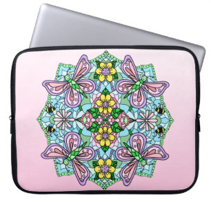 Housse Pour Ordinateur Portable Main rose et bleu clair dessinée Mandala