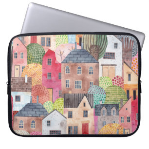 Housse Pour Ordinateur Portable Maisons Abstraites : Aquarelle Arrière - plan sans