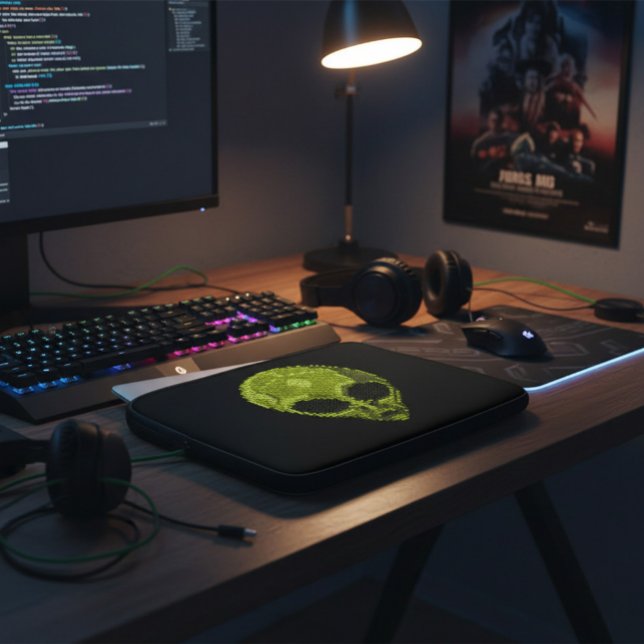 Housse Pour Ordinateur Portable Manche Geek en tête Alien vert (Créateur téléchargé)