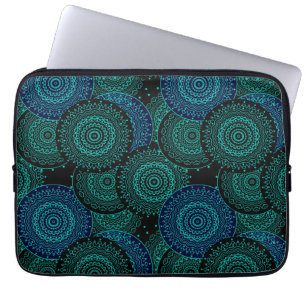 Housse Pour Ordinateur Portable Mandala rond bleu turquoise sur fond noir
