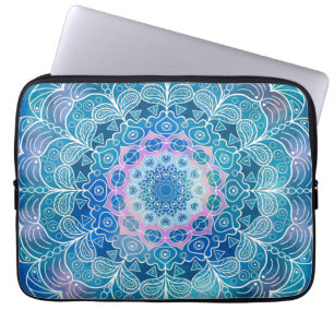 Housse Pour Ordinateur Portable Mandala White Outline bleu Aquarelle -