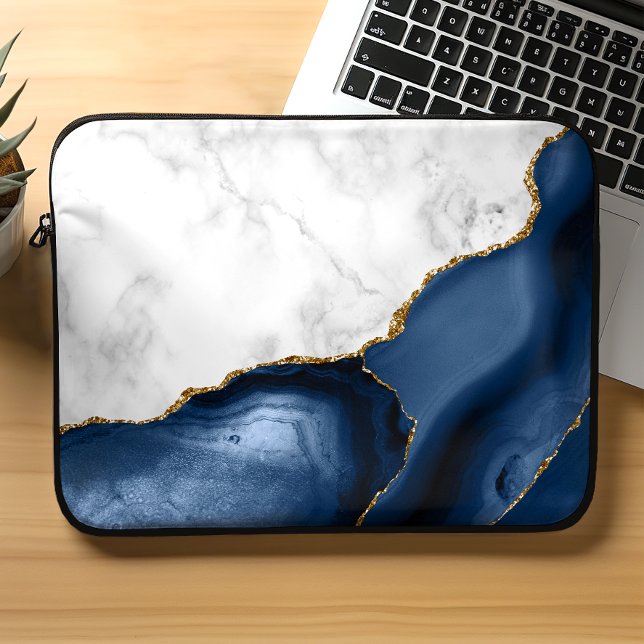 Housse Pour Ordinateur Portable Marbre blanc Agate bleu marine doré (Créateur téléchargé)