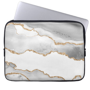 Housse Pour Ordinateur Portable Marbre Blanc Grisé Agate Raffiné Paillettes Dorées