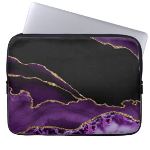 Housse Pour Ordinateur Portable Marbre Noir Violet Agate Glamour Sombre Doré