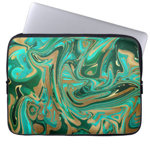 Housse Pour Ordinateur Portable Marbre vert et or liquide