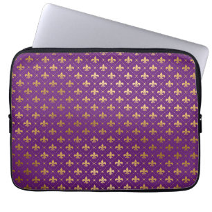 Housse Pour Ordinateur Portable Mardi Gras Élégant Carrés Fleur De Lis Dorés