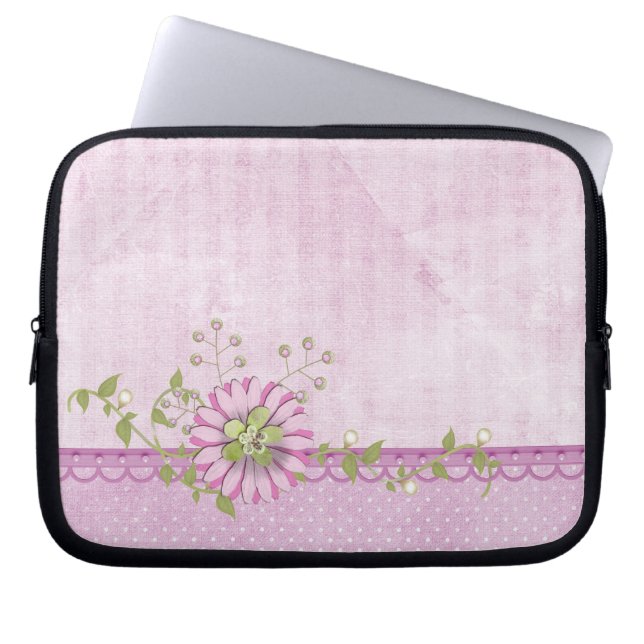 Housse Pour Ordinateur Portable Marguerite rose avec perles (Devant)