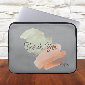 Housse Pour Ordinateur Portable Merci Watercolor pêche et vert nom personnalisé