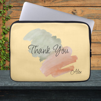 Housse Pour Ordinateur Portable Merci Watercolor pêche et vert nom personnalisé