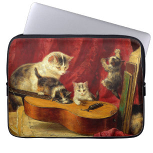 Housse Pour Ordinateur Portable Mère Chat et chatons Jouer avec la guitare