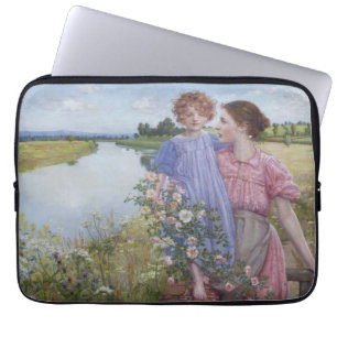 Housse Pour Ordinateur Portable Mère et enfant au bord d'une rivière avec des Rose