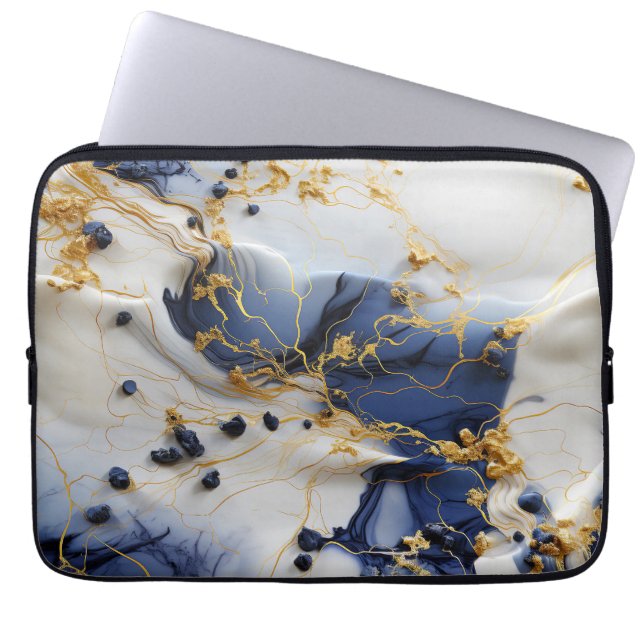 Housse Pour Ordinateur Portable Midnight Sapphire Marble with Gold Threads (Devant)