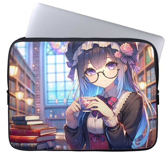 Housse Pour Ordinateur Portable Mignonne fille Anime dans les lunettes Lecture (Devant)