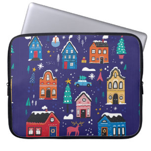 Housse Pour Ordinateur Portable Mignonnes maisons de Noël plats illustrations vin