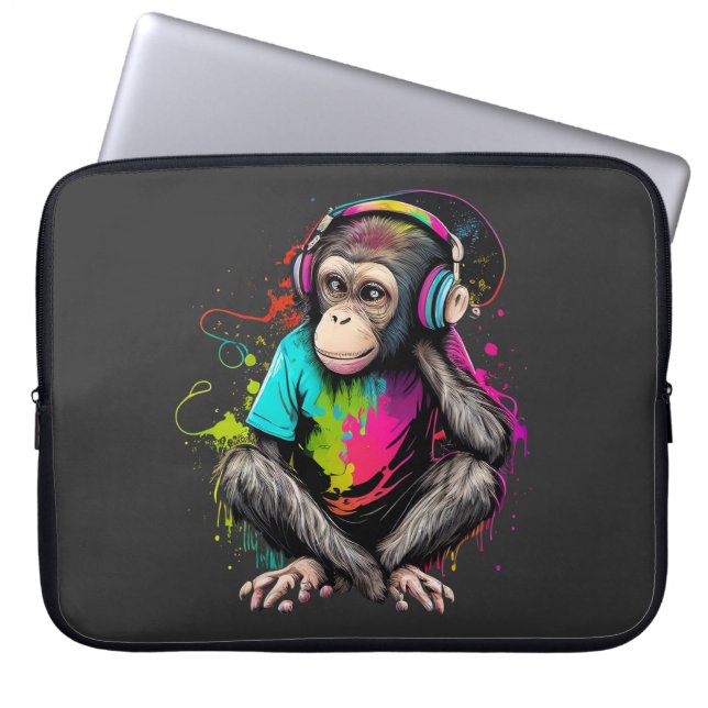 Housse Pour Ordinateur Portable Mignons Singe Écouter Musique, Musique Singe Obséd (Devant)