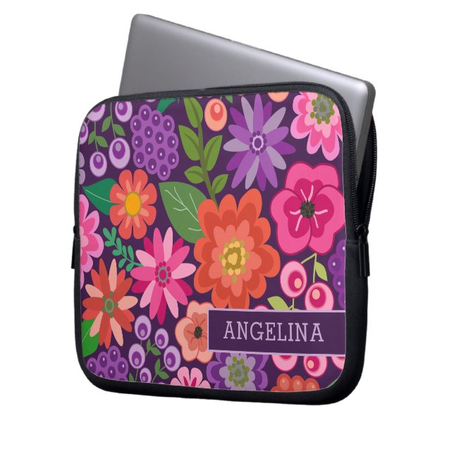 Housse Pour Ordinateur Portable Modèle floral moderne avec nom personnalisé ou mon (devant gauche)