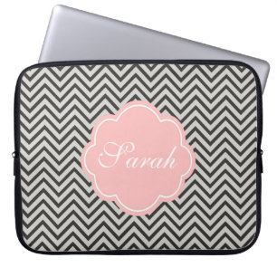 Housse Pour Ordinateur Portable Moderne, cool, café foncé et chevron gris