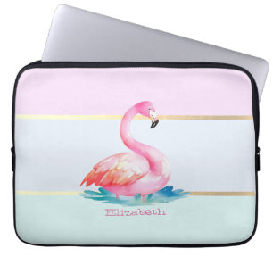 Housse Pour Ordinateur Portable Moderne Pastel rayé, Flamants roses roses