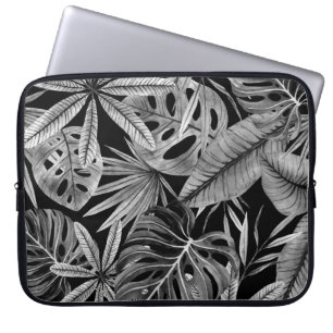 Housse Pour Ordinateur Portable Monochrome Tropical, Aquarelle Texture Feuille.
