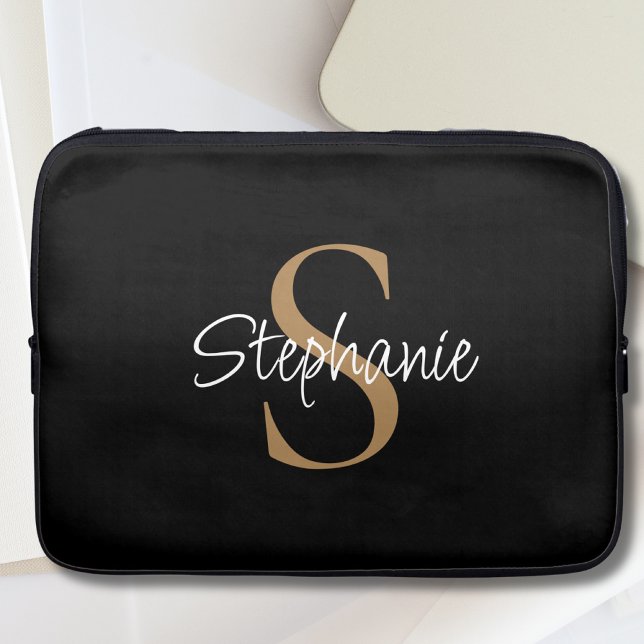 Housse Pour Ordinateur Portable  Monogram Elegant Script Name Black Gold (Créateur téléchargé)