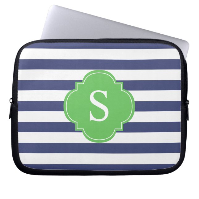 Housse Pour Ordinateur Portable Monogramme à rayures bleues et vertes (Devant)