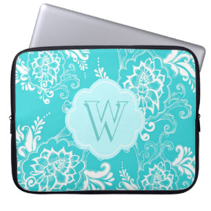 Housse Pour Ordinateur Portable Monogramme aqua bleu, ordinateur turquoise décorat