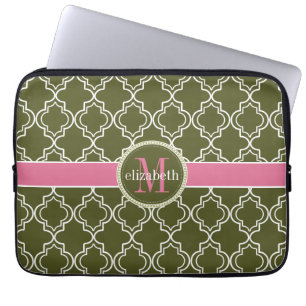 Housse Pour Ordinateur Portable Monogramme blanc rose olive de Quatrefoil de