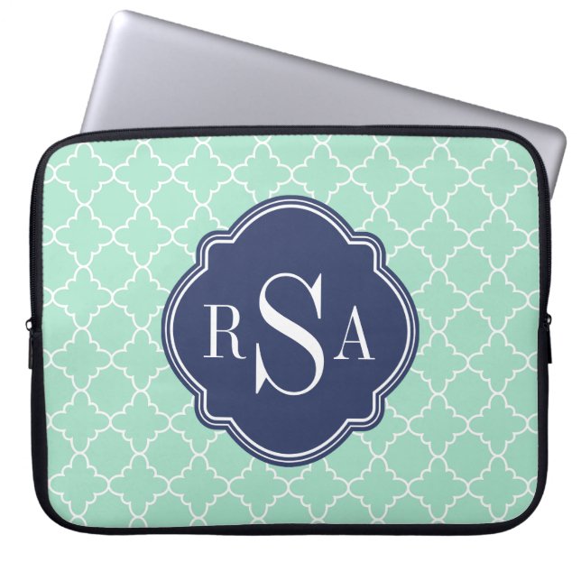 Housse Pour Ordinateur Portable Monogramme bleu Mod Mint Green Trellis (Devant)