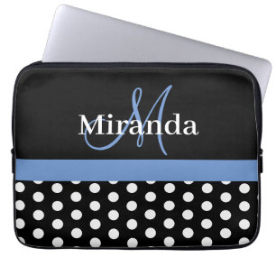 Housse Pour Ordinateur Portable Monogramme bleu noir blanc Polka point