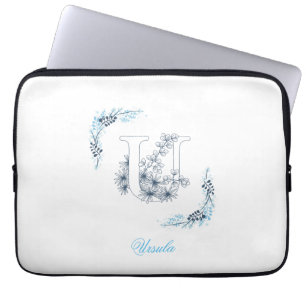 Housse Pour Ordinateur Portable Monogramme bleu "U" initial Floral calme