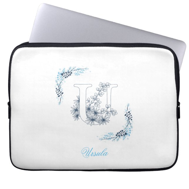 Housse Pour Ordinateur Portable Monogramme bleu "U" initial Floral calme (Devant)