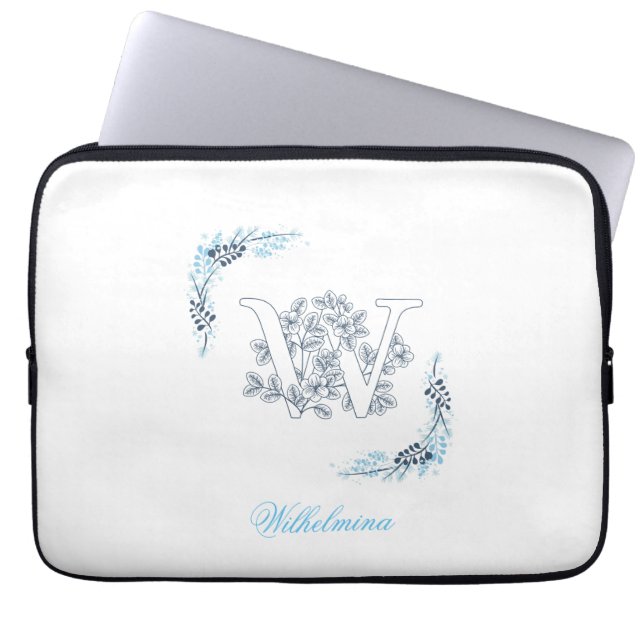 Housse Pour Ordinateur Portable Monogramme bleu "W" initial Flore calme (Devant)
