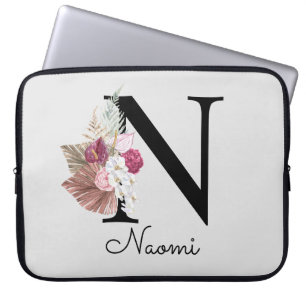 Housse Pour Ordinateur Portable Monogramme Boho rose Fille Floral Initiale N