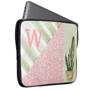 Housse Pour Ordinateur Portable Monogramme botanique moderne Coral Green Cactus