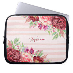Housse Pour Ordinateur Portable Monogramme Bourgogne Blush Floral Rose