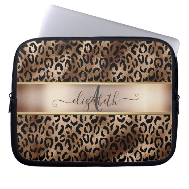 Housse Pour Ordinateur Portable Monogramme de bronze noir Motif léopard (Devant)