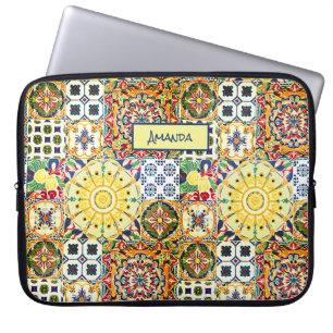 Housse Pour Ordinateur Portable Monogramme de carreaux d'orange méditerranéen géom