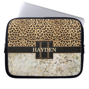 Housse Pour Ordinateur Portable Monogramme de marbre de tache de léopard