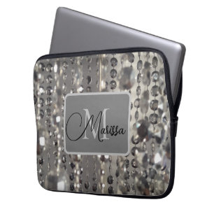 Housse Pour Ordinateur Portable Monogramme de perles d'argent mousseux