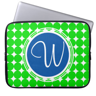 Housse Pour Ordinateur Portable Monogramme de point Polka bleu et vert
