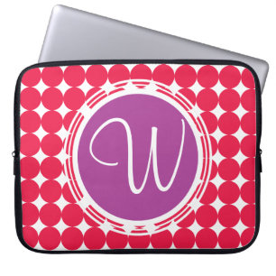 Housse Pour Ordinateur Portable Monogramme de point Polka violet et rouge