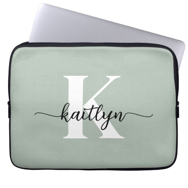 Housse Pour Ordinateur Portable Monogramme de script vert Sage (Devant)