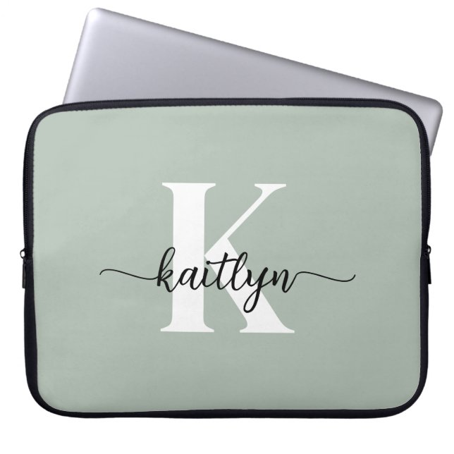 Housse Pour Ordinateur Portable Monogramme de script vert Sage (Devant)