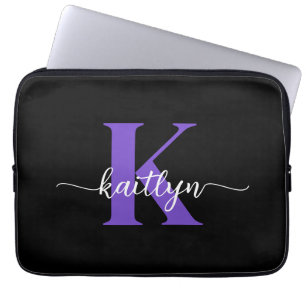 Housse Pour Ordinateur Portable Monogramme de script violet noir