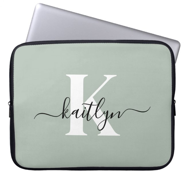 Housse Pour Ordinateur Portable Monogramme de style moderne vert sauge (Devant)