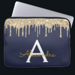 Housse Pour Ordinateur Portable Monogramme d'étincelle de Parties scintillant d'or<br><div class="desc">Navy Blue et Gold Faux Dripping Parties scintillant de fille moderne et élégante et Coque de monogramme élégant étincelant. Ce coque peut être customisé pour inclure votre nom initial et prénom.</div>
