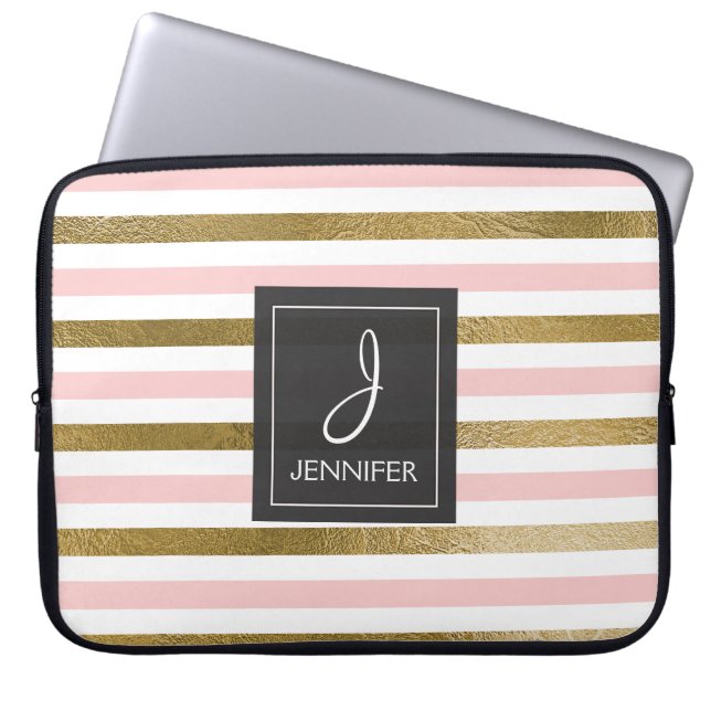 Housse Pour Ordinateur Portable Monogramme élégant à huile rose et or (Devant)