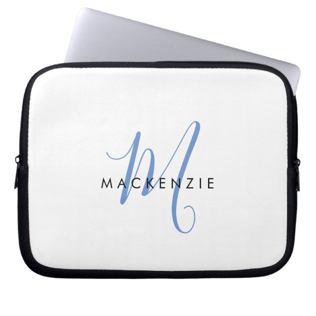 Housse Pour Ordinateur Portable Monogramme élégant moderne blanc bleu script (Devant)