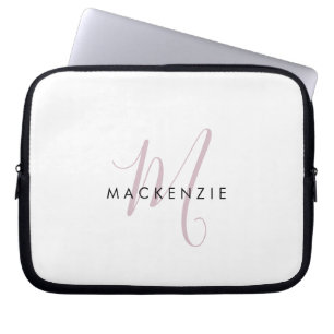 Housse Pour Ordinateur Portable Monogramme élégant moderne blanc rose blush écritu