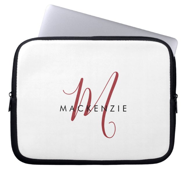 Housse Pour Ordinateur Portable Monogramme élégant moderne blanc rouge script (Devant)